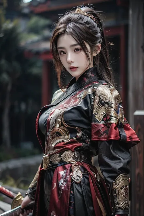 Fei Yu_robes, depth of field, The lines are thin and smooth., Whole body photo, see the whole body, 4K resolution, Highly detailed, realistic, red cloth, exquisite face, blonde hair, red eyes, long hair, braid, beautiful girl, Full show, Gold Embroidery， b...