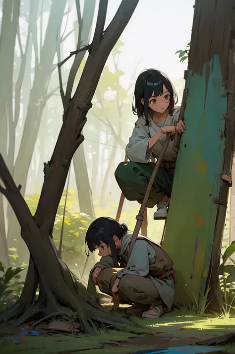 Best image quality, primitive times, Primary forest, woman, Black Hair, squat, paint