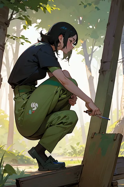 Best image quality, primitive times, Primary forest, woman, Black Hair, squat, paint