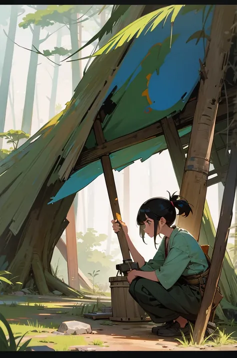 Best image quality, primitive times, Primary forest, woman, Black Hair, squat, paint