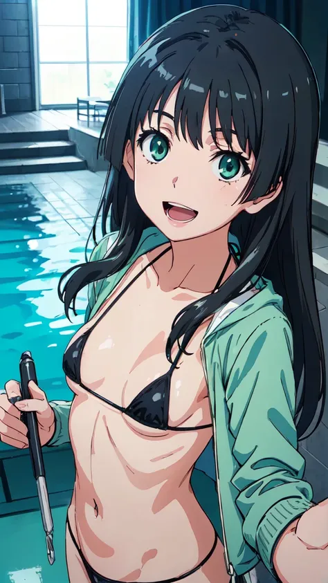 Micro Bikini，Parker jacket， (High resolution:1.4), (masutepiece:1.2), (High quality:1.3) 1girl, saten ruiko, green eyes, long hair, black hair, small breast, cinematic lighting, pov, dynamic angle, party pool, smile, open mouth