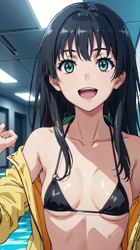 Micro Bikini，Parker jacket， (High resolution:1.4), (masutepiece:1.2), (High quality:1.3) 1girl, saten ruiko, green eyes, long hair, black hair, small breast, cinematic lighting, pov, dynamic angle, party pool, smile, open mouth