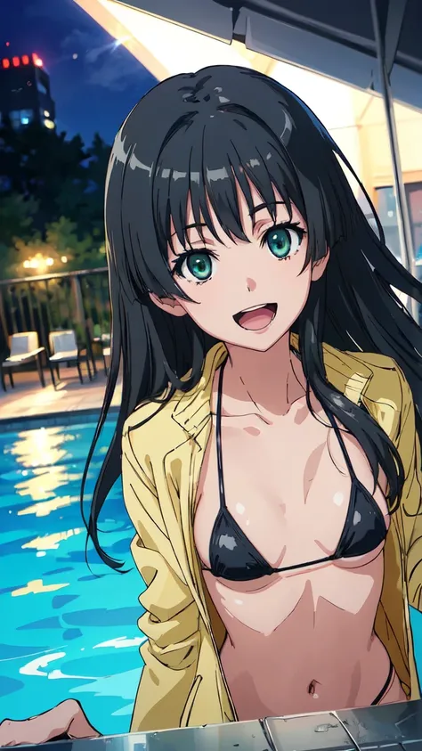 Micro Bikini，Parker jacket， (High resolution:1.4), (masutepiece:1.2), (High quality:1.3) 1girl, saten ruiko, green eyes, long hair, black hair, small breast, cinematic lighting, pov, dynamic angle, party pool, smile, open mouth