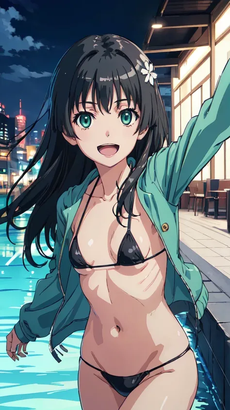 Micro Bikini，Parker jacket， (High resolution:1.4), (masutepiece:1.2), (High quality:1.3) 1girl, saten ruiko, green eyes, long hair, black hair, small breast, cinematic lighting, pov, dynamic angle, party pool, smile, open mouth