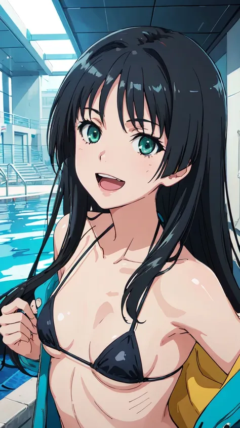 Micro Bikini，Parker jacket， (High resolution:1.4), (masutepiece:1.2), (High quality:1.3) 1girl, saten ruiko, green eyes, long hair, black hair, small breast, cinematic lighting, pov, dynamic angle, party pool, smile, open mouth