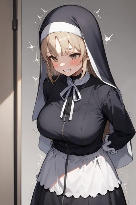 aasister, long hair, nun, habit, white capelet, neck ribbon, (black dress:1.2), long sleeves, white gloves, full-length zipper,big breasts,(((trembling))),grin