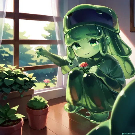 , cute slime girl watering the garden, window, window