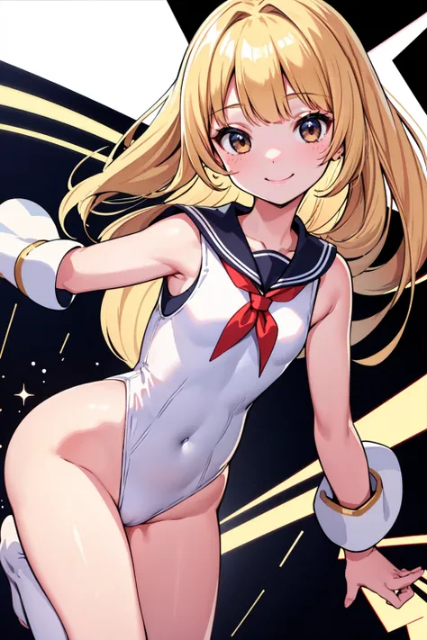 whole body,Standing posture, (Blonde,Trimmed bangs,Hime cut,) (Small breasts,Teenage Girl,), (Cute face:1.2) (High leg leotard,Sailor suit,Sleeveless clothing,) smile,(White background) 