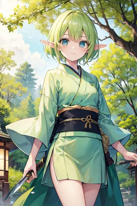 Elf、girl、Pale yellow-green、On the tree、Different world、Swordsman、knife、kimono、日本knife