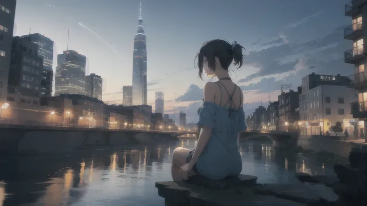 真っ暗なnight空,Octane, star (null), scenery, Blue parakeet,The acoustic guitar is in front of the body.,star, night, One Girl, Back view, alone, Outdoor, city,river,Blue parakeet,building, cloud, 天のriver, Sitting with knees held at chest height,silhouette