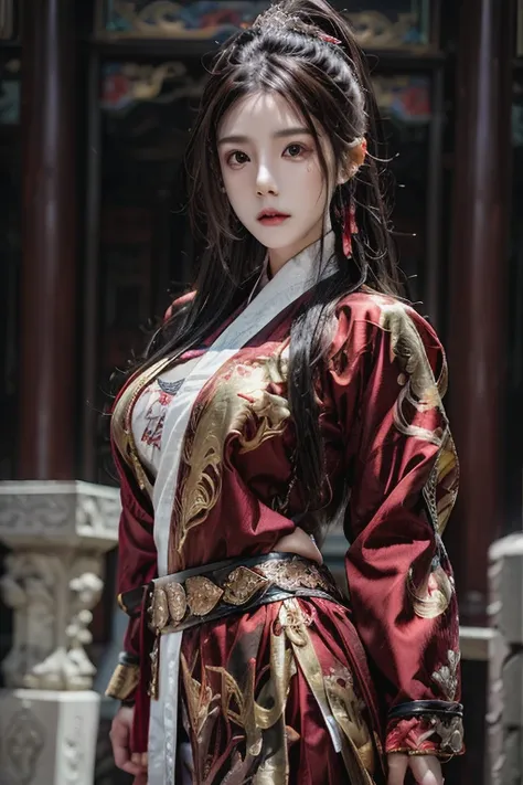 Fei Yu_robes, depth of field, The lines are thin and smooth., Whole body photo, see the whole body, 4K resolution, Highly detailed, realistic, red cloth, exquisite face, blonde hair, red eyes, long hair, braid, beautiful girl, Full show, Gold Embroidery， b...