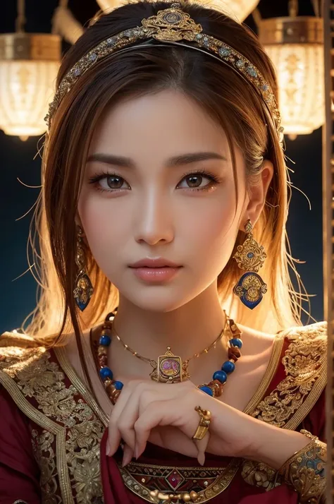 I would like an image of a stunningly beautiful fortune teller. The image should be in a digital art style, showcasing intricate details and highly detailed designs. The fortune teller should be depicted in a full-length portrait, with a serious yet gentle...