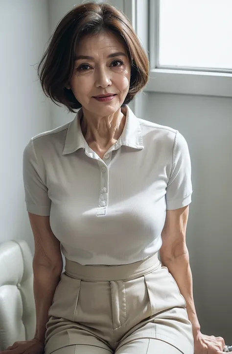 (masterpiece:1.4),(66-year-old woman:1.5),(Facial wrinkles : 1.2), (medium hair), (smirking : 1.2), maternal, Mature Woman, (dressed as a nurse : 1.2), (white collared Short sleeve uniform of nurse : 1.3), (white trousers : 1.3), acnes, skin blemishes, fle...