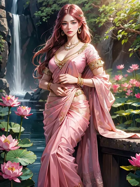 (absurderes, A high resolution, Ultra detailed, hdr), Masterpiece, Best quality, Portrait of an Indian uzumaki_kushina, extreme realistic very beautiful, animated style, closeup shot, anime in a(((pink))) indian dress (((saree))), long black wavy hair unti...