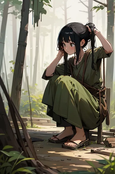 Best image quality, primitive times, Primary forest, ""Primitive clothing"", woman, Black Hair, Tying up hair, squat, paint