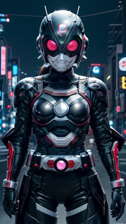 (8k),(masterpiece),(Japanese),(8-year-old girl),((innocent look)),((Childish)),From the front,smile,cute,Innocent,Kind eyes,Flat chest, black helmet, black domino mask, Black Widow,Bald,No Hair, Henshin Pose,night,dark, Neon light cyberpunk city,Kamen ride...