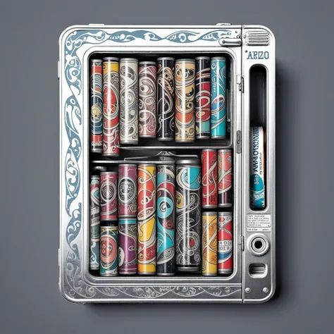 flat tins in compact vending machine, tattoo design, Japanese retro, doctor, lineart PStyl3, negative space, abstract, intricate, iridescent, 