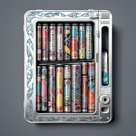 flat tins in compact vending machine, tattoo design, Japanese retro, doctor, lineart PStyl3, negative space, abstract, intricate, iridescent, 