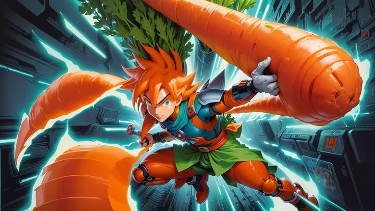 there is a cartoon of a carrot man holding a carrot, friendly carrot cyborg, dynamic guidance artwork, art from nes game cartridge, joe gb fenton, tomb, dynamic guidance art, trading card art, carrot, toriyama akira, art of yugioh, 80s Art, offcial art, in...