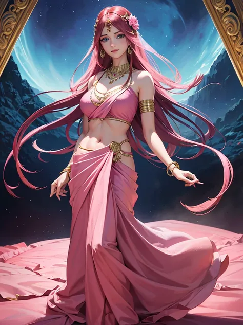 (absurderes, A high resolution, Ultra detailed, hdr), Masterpiece, Best quality, Portrait of an Indian uzumaki_kushina, extreme realistic very beautiful, animated style, closeup shot, anime in a(((pink))) indian dress (((saree))), long black wavy hair unti...