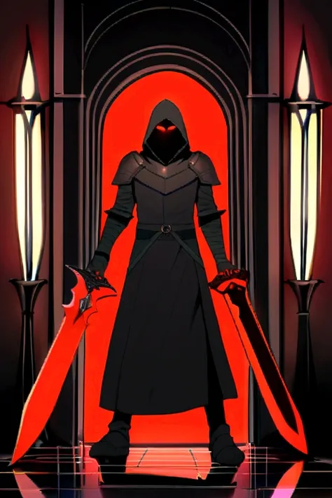 Priest Warrior, his two hands hold two large dark blades, that scratch the floor, Full body, Two red lights come out of his eyes, dark fantasy style, Clothes and armor dyed black, with a hood, that covers his face