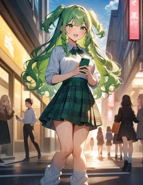 Volume hair, soft hair, emerald green hair and pink inner color, wavy hair, gradation hair, green hair, side braids, wavy hair, two side up, cloud hair, emerald green eyes, high school girl, Cheerful and active, blonde clip, loose socks, plaid skirt, holdi...