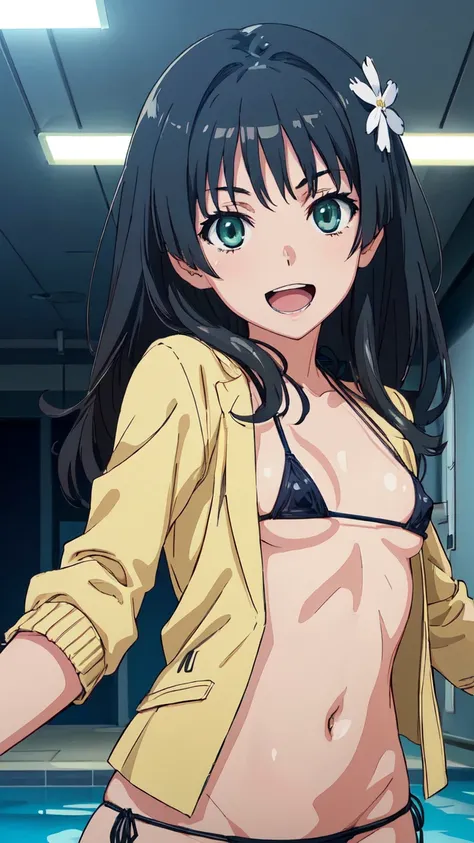 Micro Bikini，Parker jacket， (High resolution:1.4), (masutepiece:1.2), (High quality:1.3) 1girl, saten ruiko, green eyes, long hair, black hair, small breast, cinematic lighting, pov, dynamic angle, party pool, smile, open mouth, nsfw