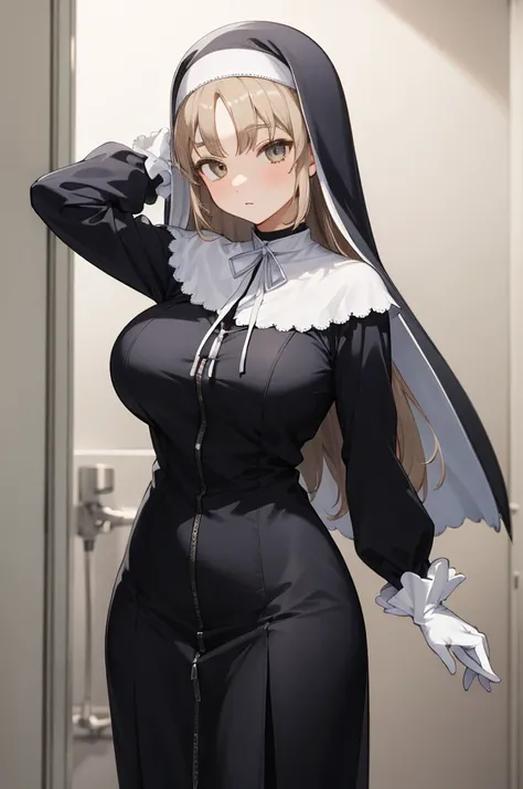 aasister, long hair, nun, habit, white capelet, neck ribbon, (body fit black dress:1.2), long sleeves, white gloves, full-length zipper,huge breasts,expressionless,nsfw