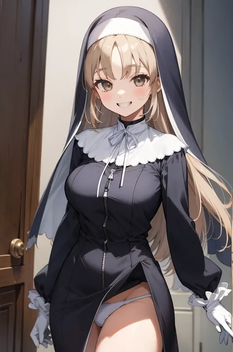 aasister, long hair, nun, habit, white capelet, neck ribbon, (black dress:1.2), long sleeves, white gloves, full-length zipper,big breasts,(((show panties))),grin