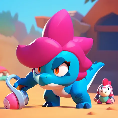 full view of a dinosaur, female, dark blue skin, friendly dinosaur, having pink and white buoy, dinosaur animal, brawl, brawl stars