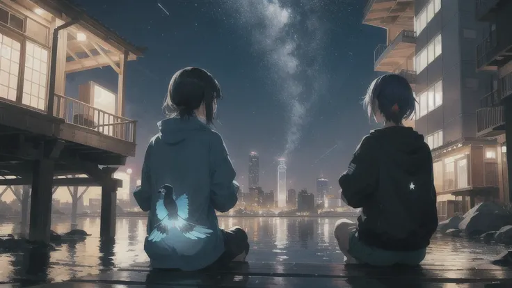 真っ暗なnight空,Octane, star (null), scenery, Blue parakeet,The acoustic guitar is in front of the body.,star, night, One Girl, Back view, alone, Outdoor, city,river,Blue parakeet,building, cloud, 天のriver, Sitting with knees held at chest height,silhouette