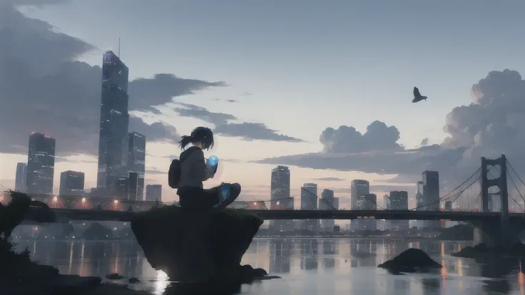 真っ暗なnight空,Octane, star (null), scenery, Blue parakeet,The acoustic guitar is in front of the body.,star, night, One Girl, Back view, alone, Outdoor, city,river,Blue parakeet,building, cloud, 天のriver, Sitting with knees held at chest height,silhouette