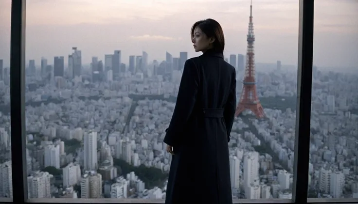 xx mix, One beautiful woman, Long Coat Tokyo Tower, (Sui Ishida), Dramatic lighting (masterpiece, Highest quality)