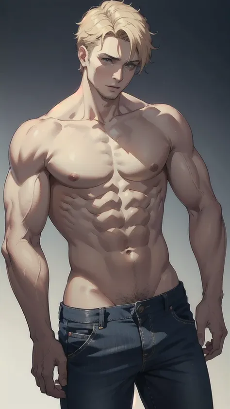 ((best quality)), ((masterpiece)), (detailed), one man, BLOND, BEAUTIFUL MAN, MUSCLE, TOP LESS, ONLY IN PANTS