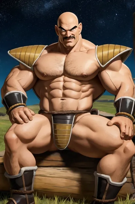 nappa, male focus, solo,cowboy shot, 1boy, bald, nipples, muscular male, abs,black vambraces, veins, pectorals, thighs, black eyes, topless male, mustache , tail around waist, (best quality, masterpiece) , , outdoors, micro armor , shoulder armor, breastpl...