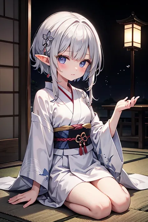 Japanese sword、Elf、girl、Silver Hair、kimono