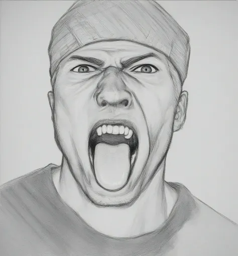 drawing of a man with his opened mouth and his tongue out, anger. super detailed, man yelling, yelling face, yelling. not realis...