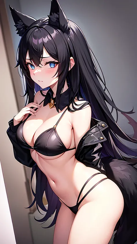 An adult woman, half wolf and dragon, black hair, black wolf ears, black dragon tail, blue eyes, has a collar with a little golden heart, very shy, has a sexy body and wears a bikini without any clothes over it