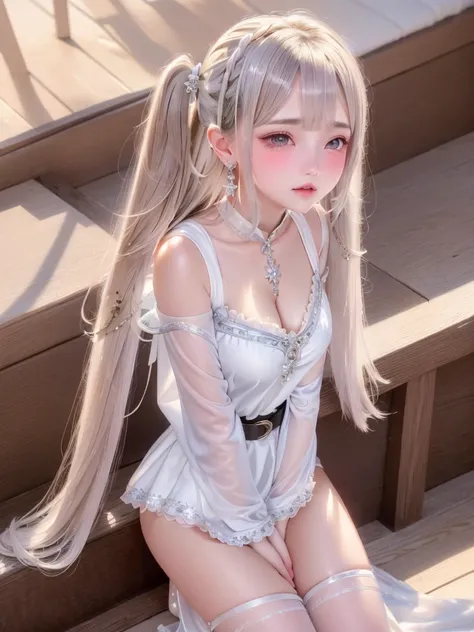 (masterpiece, Highest quality), Intricate details, One Girl, frozen, Long Hair, Pointy Ears, jewelry, Earrings, Twin tails, Long sleeve, Capelet, white Capelet, dress, Raise your bangs, white dress, belt, pantyhose、Wet floor、Wet feet