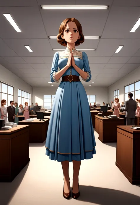 masterpiece, wonderful, (office: 1.8), Ultra-high-definition CG drawing, Are standing, One royal sister, anger, Woman with short brown hair, Layered Dresses, Clasp your hands around your waist, Facing the audience, figure, Wide Angle Panorama