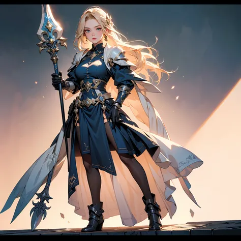 Design a layout showcase Gaming character, (1girl). Golden+Purle clothes, stylish and unique, ((showcase weapon:1.4)), magic staff, (masterpiece:1.2), (best quality), 4k, ultra-detailed, (Step by step design, layout art:1.5), (luminous lighting, atmospheri...