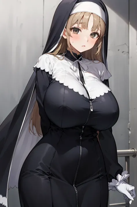 aasister, long hair, nun, habit, white capelet, neck ribbon, (body fit black dress:1.2), long sleeves, white gloves, full-length zipper,(((huge breasts))),expressionless,sweating,no bra