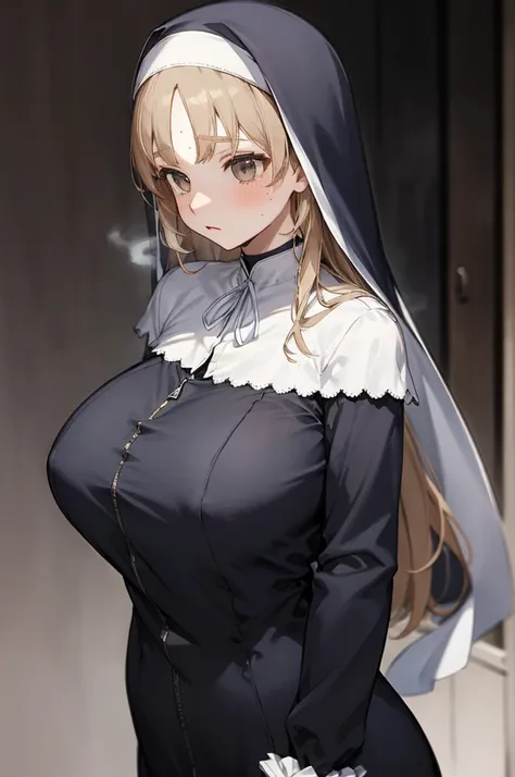 aasister, long hair, nun, habit, white capelet, neck ribbon, (body fit black dress:1.2), long sleeves, white gloves, full-length zipper,(((huge breasts))),expressionless,sweating,no bra