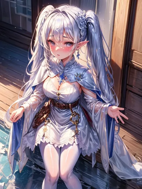 (masterpiece, Highest quality), Intricate details, One Girl, frozen, Long Hair, Pointy Ears, jewelry, Earrings, Twin tails, Long sleeve, Capelet, white Capelet, dress, Raise your bangs, white dress, belt, pantyhose、Wet floor、Wet feet