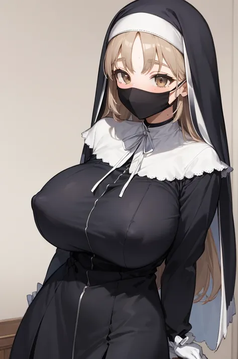 aasister, long hair, nun, habit, white capelet, neck ribbon, (body fit black dress:1.2), long sleeves, white gloves, erect nipple,(((huge breasts))),expressionless,sweating,smile,cowboy shot,mask