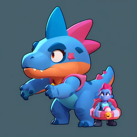 full view of a dinosaur, female, dark blue skin, friendly dinosaur, having pink and white buoy, dinosaur animal, brawl, brawl stars