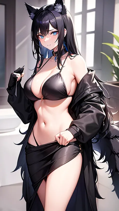 An adult woman, half wolf and dragon, black hair, black wolf ears, black dragon tail, blue eyes, has a collar with a little golden heart, very shy, has a sexy body, large breasts, standing and wears a bikini without no clothes on top