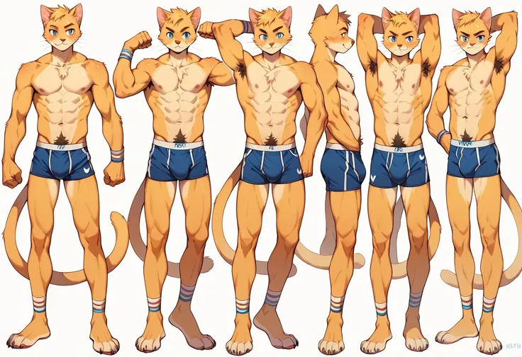 score_9, score_8_up, score_7_up, full length, high quality, hires, anthro, male, teenager, 16 years old, domestic cat, yellow fur, blue eyes, briefs, toned, slender body, chiseled v-line, chiseled abs, toned forearms, toned legs, chiseled knees, white back...