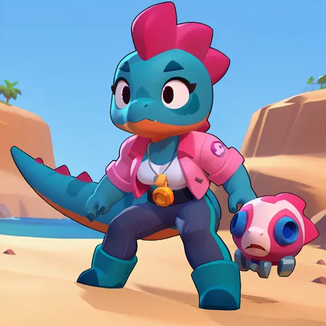 full view of a dinosaur, female, dark blue skin, friendly dinosaur, having pink and white buoy, dinosaur animal, brawl, brawl stars