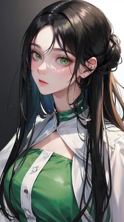 (Top resolution、Distinct_image)top-quality、female 、​masterpiece、highly detailed、Semi-realistic、black  hair ,  green  eyes、18year old、young、Cool Street wears 、Exquisite facial features、Facial features、unique hairstyle, variations, potrait, white background